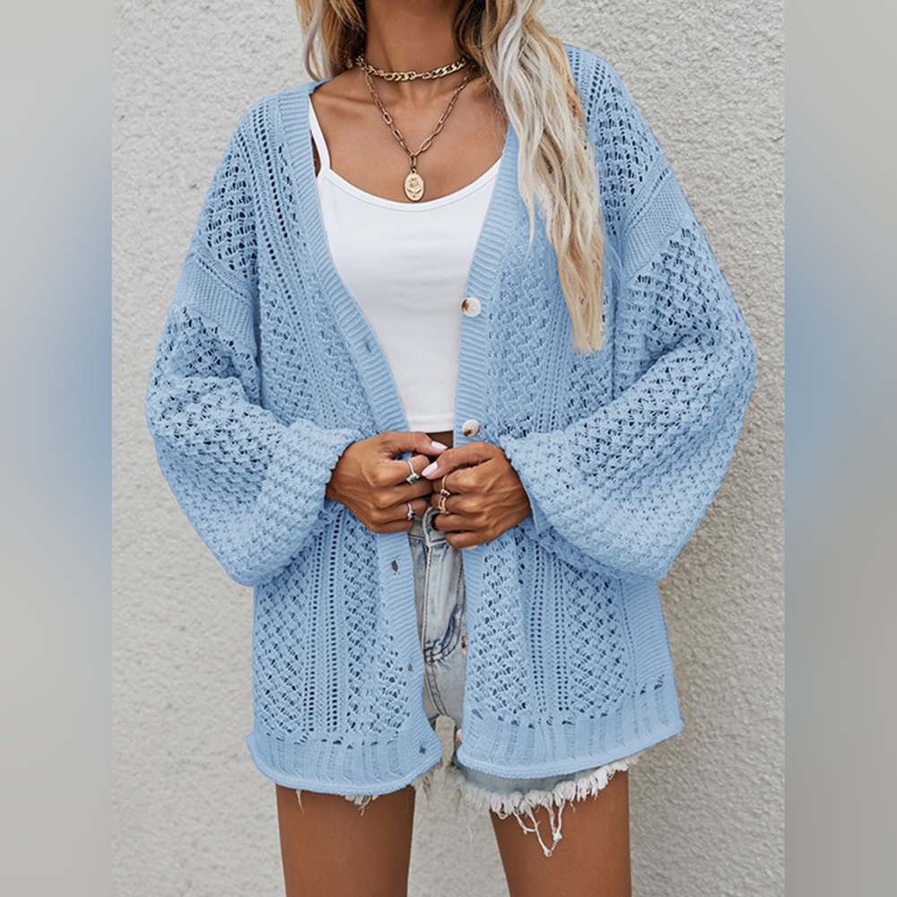 Chunky Knit Blue Cardigan Sweater with Open Button Front